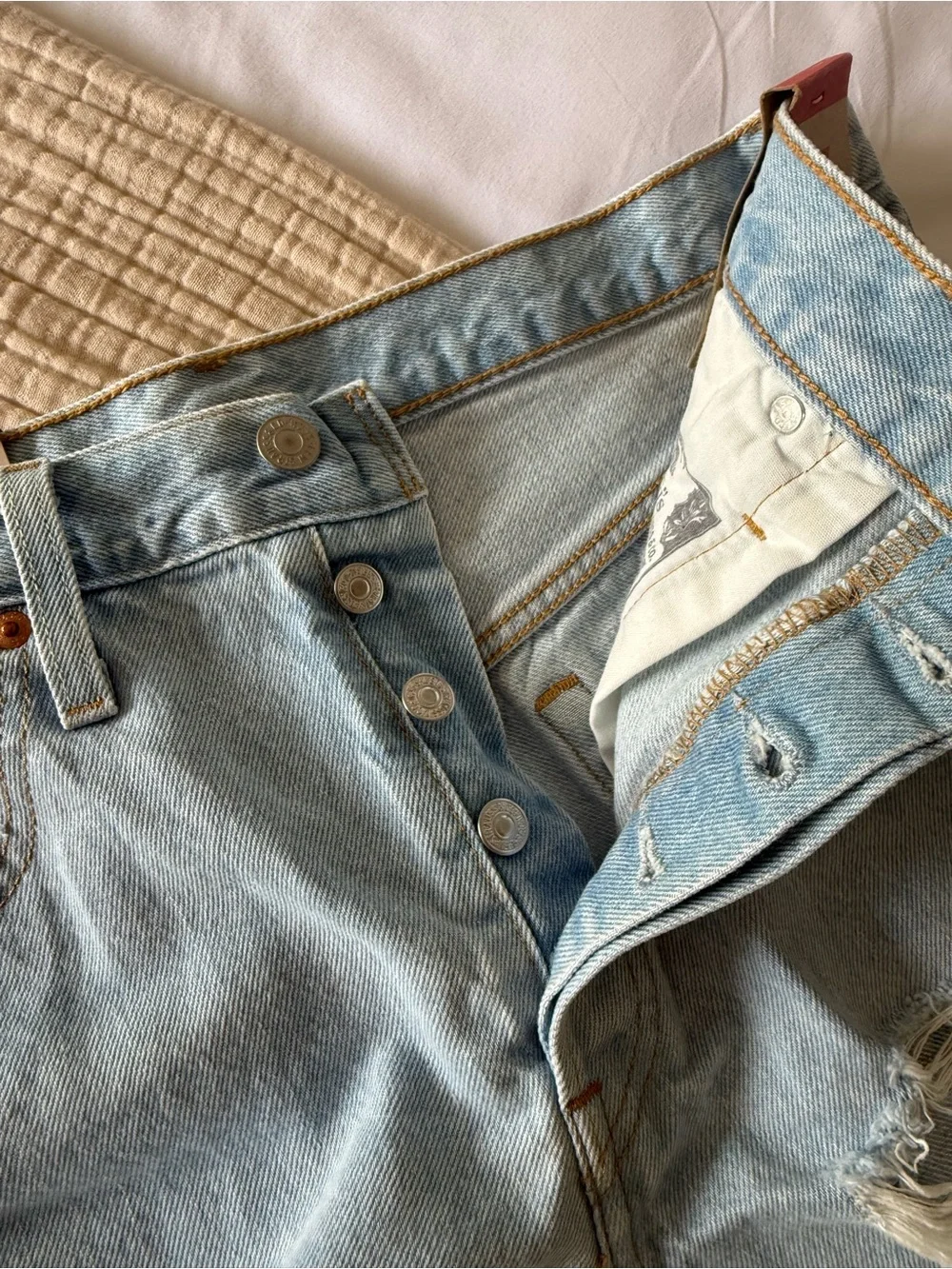 Levi's Light Blue Distressed 501 Denim Shorts - Size 30